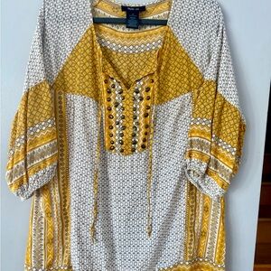 Style & Co. Yellow Boho Mixed Print Peasant Top with Studded Split Neck